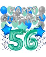 56. Geburtstag Dekorations-Set mit Ballons Happy Birthday Aquamarin, 34 Teile