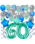 60. Geburtstag Dekorations-Set mit Ballons Happy Birthday Aquamarin, 34 Teile