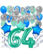 64. Geburtstag Dekorations-Set mit Ballons Happy Birthday Aquamarin, 34 Teile