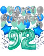 92. Geburtstag Dekorations-Set mit Ballons Happy Birthday Aquamarin, 34 Teile