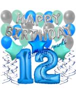12. Geburtstag Dekorations-Set mit Ballons Happy Birthday Blue, 34 Teile