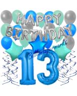 13. Geburtstag Dekorations-Set mit Ballons Happy Birthday Blue, 34 Teile
