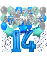 14. Geburtstag Dekorations-Set mit Ballons Happy Birthday Blue, 34 Teile