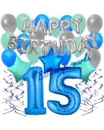 15. Geburtstag Dekorations-Set mit Ballons Happy Birthday Blue, 34 Teile