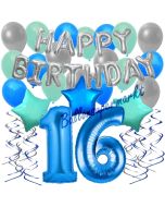 16. Geburtstag Dekorations-Set mit Ballons Happy Birthday Blue, 34 Teile