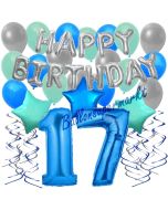 17. Geburtstag Dekorations-Set mit Ballons Happy Birthday Blue, 34 Teile