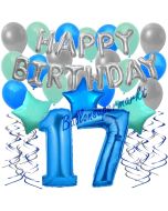 17. Geburtstag Dekorations-Set mit Ballons Happy Birthday Blue, 34 Teile