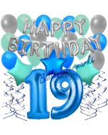 19. Geburtstag Dekorations-Set mit Ballons Happy Birthday Blue, 34 Teile