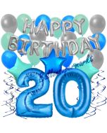 20. Geburtstag Dekorations-Set mit Ballons Happy Birthday Blue, 34 Teile