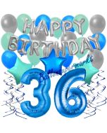 36. Geburtstag Dekorations-Set mit Ballons Happy Birthday Blue, 34 Teile