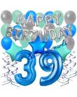 39. Geburtstag Dekorations-Set mit Ballons Happy Birthday Blue, 34 Teile
