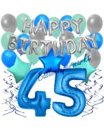 45. Geburtstag Dekorations-Set mit Ballons Happy Birthday Blue, 34 Teile