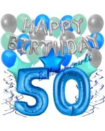 50. Geburtstag Dekorations-Set mit Ballons Happy Birthday Blue, 34 Teile