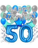50. Geburtstag Dekorations-Set mit Ballons Happy Birthday Blue, 34 Teile