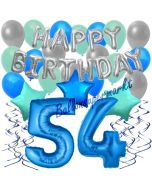 54. Geburtstag Dekorations-Set mit Ballons Happy Birthday Blue, 34 Teile