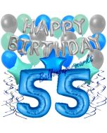 55. Geburtstag Dekorations-Set mit Ballons Happy Birthday Blue, 34 Teile