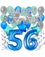 56. Geburtstag Dekorations-Set mit Ballons Happy Birthday Blue, 34 Teile