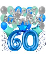 60. Geburtstag Dekorations-Set mit Ballons Happy Birthday Blue, 34 Teile