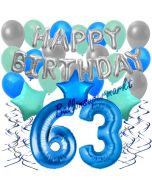 63. Geburtstag Dekorations-Set mit Ballons Happy Birthday Blue, 34 Teile
