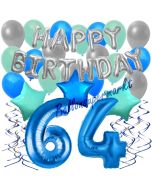 64. Geburtstag Dekorations-Set mit Ballons Happy Birthday Blue, 34 Teile