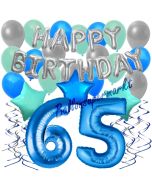 65. Geburtstag Dekorations-Set mit Ballons Happy Birthday Blue, 34 Teile