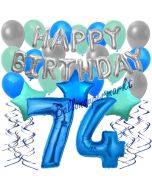 74. Geburtstag Dekorations-Set mit Ballons Happy Birthday Blue, 34 Teile