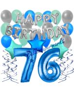 76. Geburtstag Dekorations-Set mit Ballons Happy Birthday Blue, 34 Teile