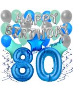 80. Geburtstag Dekorations-Set mit Ballons Happy Birthday Blue, 34 Teile