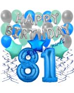 81. Geburtstag Dekorations-Set mit Ballons Happy Birthday Blue, 34 Teile