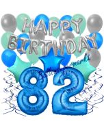 82. Geburtstag Dekorations-Set mit Ballons Happy Birthday Blue, 34 Teile