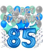 85. Geburtstag Dekorations-Set mit Ballons Happy Birthday Blue, 34 Teile