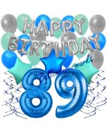 89. Geburtstag Dekorations-Set mit Ballons Happy Birthday Blue, 34 Teile