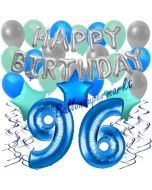 96. Geburtstag Dekorations-Set mit Ballons Happy Birthday Blue, 34 Teile