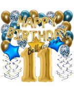 Dekorations-Set mit Ballons zum 11. Geburtstag, Happy Birthday Chrome Blue & Gold, 34 Teile