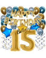 Dekorations-Set mit Ballons zum 15. Geburtstag, Happy Birthday Chrome Blue & Gold, 34 Teile