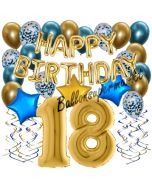 Dekorations-Set mit Ballons zum 18. Geburtstag, Happy Birthday Chrome Blue & Gold, 34 Teile