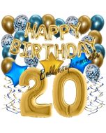 Dekorations-Set mit Ballons zum 20. Geburtstag, Happy Birthday Chrome Blue & Gold, 34 Teile