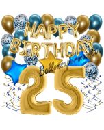 Dekorations-Set mit Ballons zum 25. Geburtstag, Happy Birthday Chrome Blue & Gold, 34 Teile