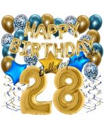 Dekorations-Set mit Ballons zum 28. Geburtstag, Happy Birthday Chrome Blue & Gold, 34 Teile