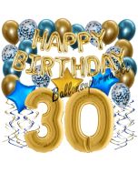 Dekorations-Set mit Ballons zum 30. Geburtstag, Happy Birthday Chrome Blue & Gold, 34 Teile