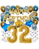Dekorations-Set mit Ballons zum 32. Geburtstag, Happy Birthday Chrome Blue & Gold, 34 Teile