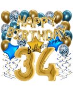 Dekorations-Set mit Ballons zum 34. Geburtstag, Happy Birthday Chrome Blue & Gold, 34 Teile