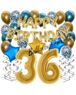 Dekorations-Set mit Ballons zum 36. Geburtstag, Happy Birthday Chrome Blue & Gold, 34 Teile