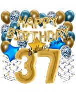 Dekorations-Set mit Ballons zum 37. Geburtstag, Happy Birthday Chrome Blue & Gold, 34 Teile