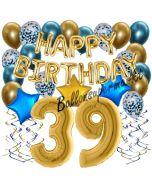 Dekorations-Set mit Ballons zum 39. Geburtstag, Happy Birthday Chrome Blue & Gold, 34 Teile