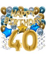 Dekorations-Set mit Ballons zum 40. Geburtstag, Happy Birthday Chrome Blue & Gold, 34 Teile