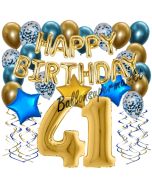 Dekorations-Set mit Ballons zum 41. Geburtstag. Geburtstag, Happy Birthday Chrome Blue & Gold, 34 Teile