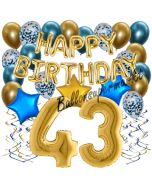 Dekorations-Set mit Ballons zum 43. Geburtstag. Geburtstag, Happy Birthday Chrome Blue & Gold, 34 Teile