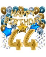 Dekorations-Set mit Ballons zum 44. Geburtstag. Geburtstag, Happy Birthday Chrome Blue & Gold, 34 Teile