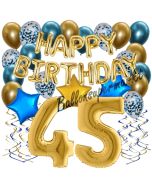 Dekorations-Set mit Ballons zum 45. Geburtstag. Geburtstag, Happy Birthday Chrome Blue & Gold, 34 Teile